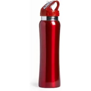 A drink bottle in a bright red finish with a silver band and a red flip-top lid. It features a logo on the side.