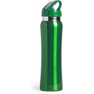 A drink bottle in bright green with a sporty design and a flip-top lid. It features a logo on the side.