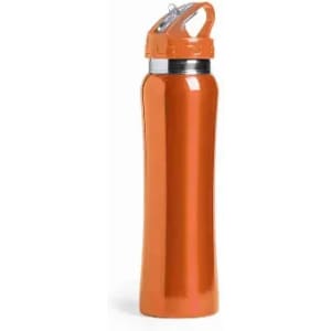 An orange drink bottle with a silver band and a flip-top cap, featuring a logo on the side.