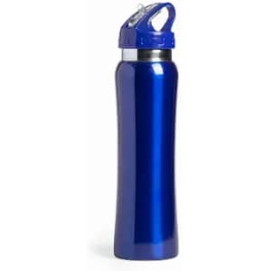 A drink bottle in shiny blue with a silver base and a handle on the cap, featuring a logo.