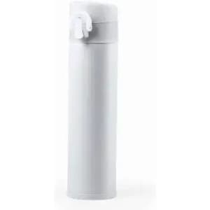 A drink bottle in white with a sleek design and a flip-top lid. Features a simple logo on the side.