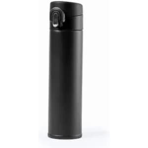 A drink bottle in sleek black with a secure lid and a simple design. It features a logo on its surface.