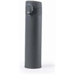 A drink bottle in a sleek grey colour with a secure lid and a small spout, featuring a branding logo.