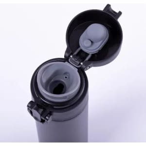 A drink bottle in black with a grey lid, featuring a flip-open top for easy access.