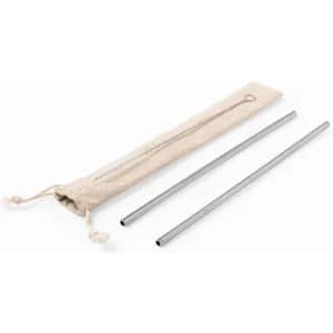 A set of stainless steel drink straws and a cleaning brush, stored in a natural fabric pouch.