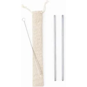 A set of two stainless steel straws with a cleaner, packaged in a natural fabric pouch.