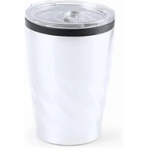 A drink bottle in white with a black lid and a clear top, featuring a textured design.