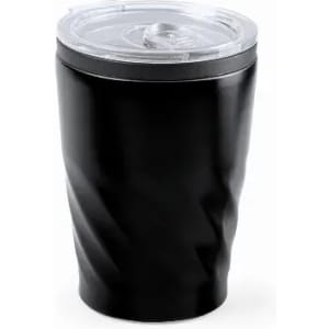 A drink bottle in black with a textured design and a clear lid, featuring a logo.
