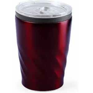 A drink bottle in a glossy red finish with a twist design and a clear lid, featuring a logo.