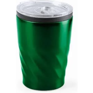 A drink bottle in vibrant green with a twisted design and a clear lid. Features a logo on the side.