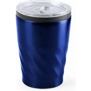 A drink bottle in a deep blue colour, featuring a twist design and a clear lid. It has a logo on the surface.