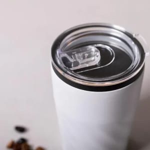 A drink bottle in white with a black base and a clear lid, featuring a logo on the body.