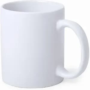 A white ceramic mug with a plain design and a rounded handle.
