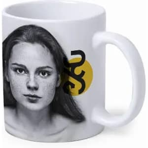 A drink mug featuring a black-and-white portrait of a woman with long hair, alongside a decorative logo.