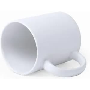 A white mug with a round body and a single handle, positioned at an angle.