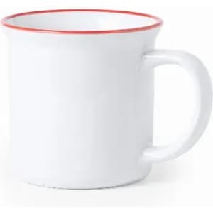 A drink bottle in white with a red rim, featuring a sturdy handle and a glossy finish.