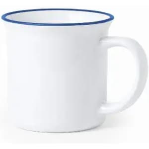 A white enamel mug with a blue rim and handle, featuring a simple design.