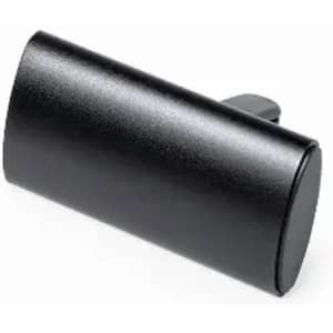 A black promotional product with a cylindrical shape and a clip attachment. Features a logo on one side.