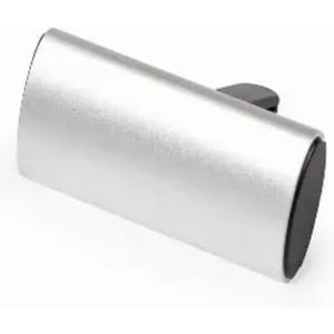 A drink bottle in silver with a sleek, metallic finish and a black lid. It features a logo on its body.
