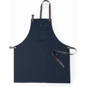 A navy blue apron featuring leather straps and multiple pockets for storage.