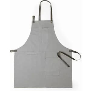 A grey apron with leather straps and multiple pockets, designed for cooking or crafting activities.