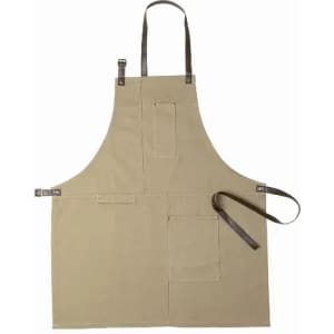 A beige apron with brown leather straps and multiple pockets for tools or utensils. Features a simple design.