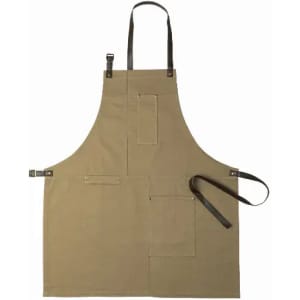 A beige apron with leather straps and multiple pockets for tools or utensils.