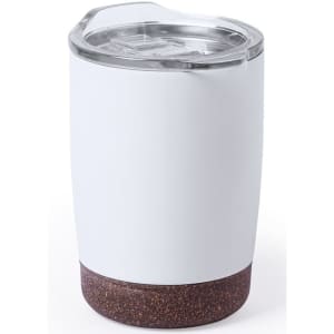 A drink bottle featuring a white body and a brown base, with a clear lid and a logo on the surface.