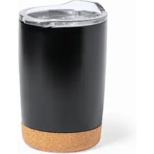 A drink bottle featuring a black body with a cork base and a clear lid. It has a sleek, modern design.