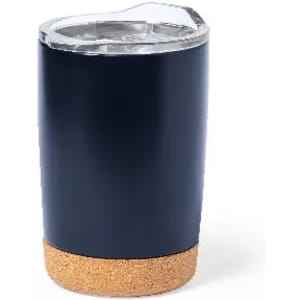 A drink bottle with a dark blue body and a cork base, featuring a clear lid. It has a sleek, modern design.