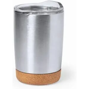 A drink bottle with a silver stainless steel body and a cork base, featuring a clear lid.