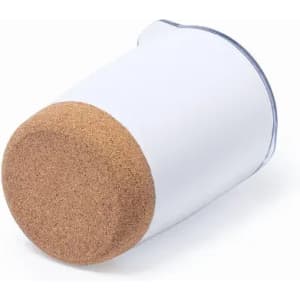 A drink bottle with a white body and a cork base, featuring a simple design and a logo on the side.