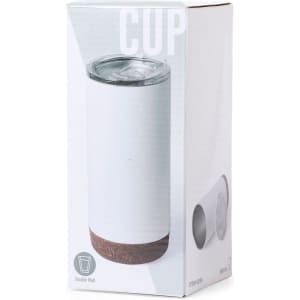 A drink bottle in a white and cork design, displayed in a cardboard package featuring a transparent lid.