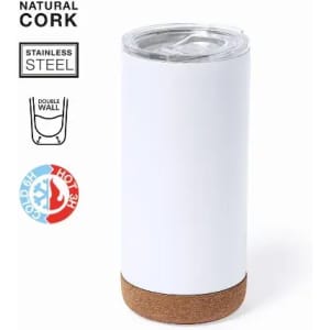 A drink bottle in white stainless steel with a cork base and a clear lid, featuring a logo.