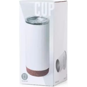 A drink bottle in a white and beige design, packaged in a box with a logo. The lid is transparent and metallic.