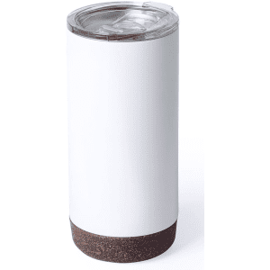 A drink bottle with a white body and a cork base, featuring a transparent lid. It has a simple, sleek design.