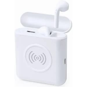 A wireless earphone charging case in white, with one earphone slightly protruding from the case. The case has a circular design on the front.