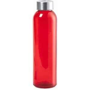 A drink bottle in red with a silver screw top lid, featuring a simple design and a sleek shape.