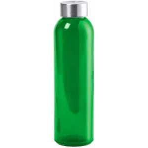 A drink bottle in vibrant green with a silver cap, featuring a simple, sleek design and a branded logo.