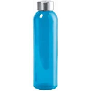 A drink bottle in bright blue plastic with a silver screw cap and a simple design.