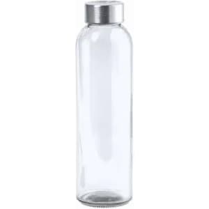 A drink bottle made of clear glass with a silver metal cap. It has a sleek, minimalistic design.