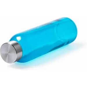 A drink bottle in bright blue with a silver stainless steel lid, featuring a round bottom design and a sleek shape.