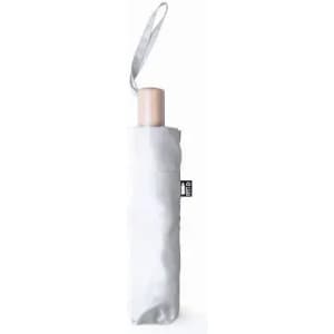 A compact umbrella in a white cover with a wooden handle, featuring a loop for easy carrying.
