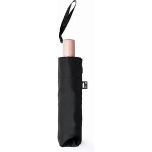 A black umbrella with a wooden handle, featuring a matching fabric cover and a small carrying strap.