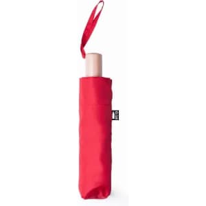 A red umbrella with a wooden handle, secured in a matching sleeve with a strap. It features a small logo.