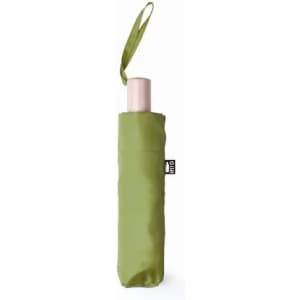 A green umbrella with a cylindrical handle, enclosed in a matching storage sleeve. It features a branding tag.