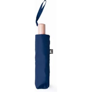 A compact navy umbrella in a matching sleeve with a wooden handle and a wrist strap.