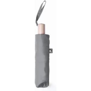 A grey umbrella case holds a folded pink umbrella, featuring a strap for easy carrying.