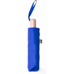 A blue umbrella in a protective sleeve, featuring a wooden handle and a loop for carrying.