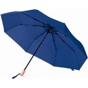 A navy blue umbrella with a black handle and a strap, featuring a logo on the canopy.